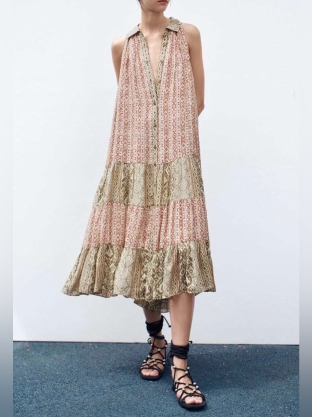 Zara, Serena Tribal Print fine metallic thread Collared Sleeveless Maxi Dress L